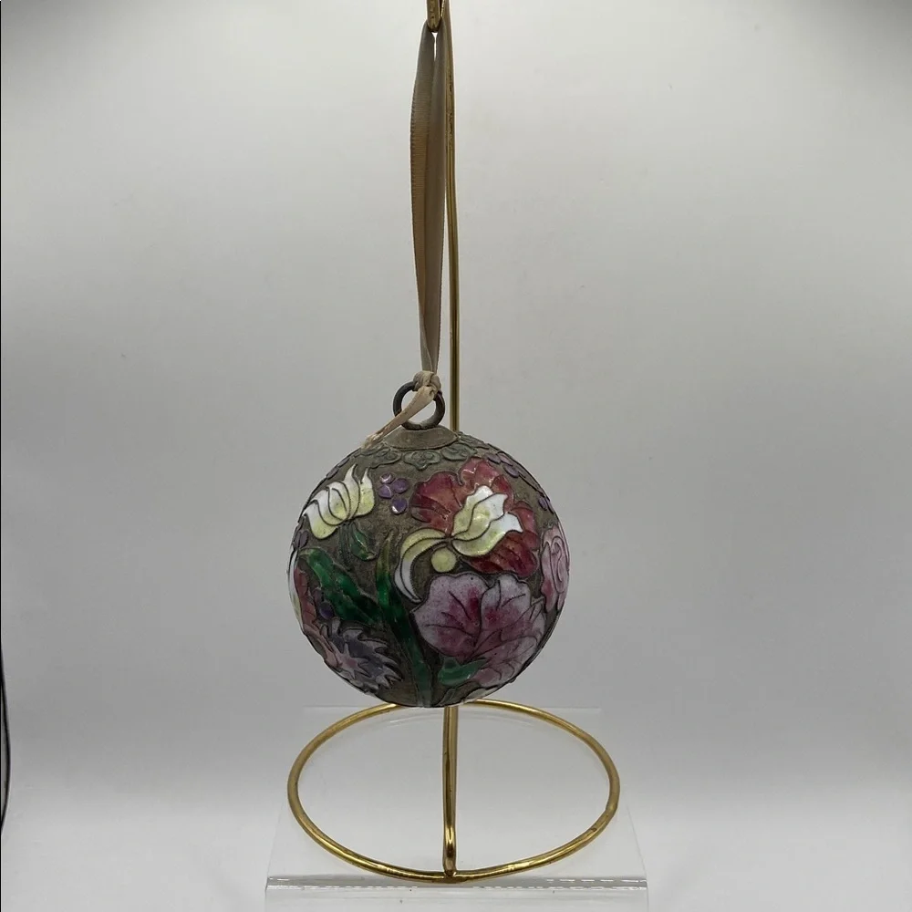 Vintage Enamel Cloisonné Egg Ornament With Ribbon Tie  And Stand